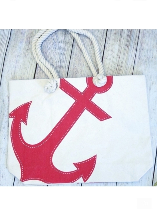 Canvas Tote Handbags - Canvas Tote With Red Anchor And Rope Handles